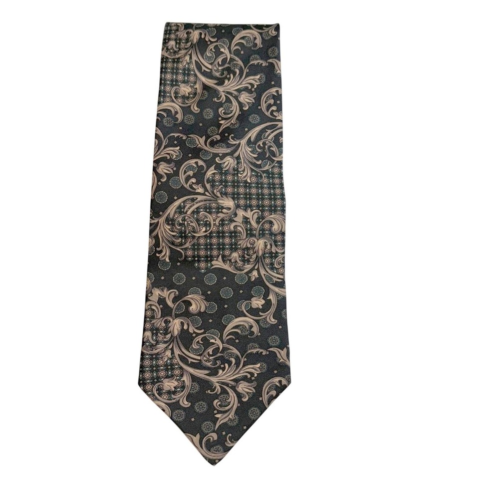Vintage Stuart Ashley Mens Silk Tie Black Brown Gold Paisley Italian Fabric